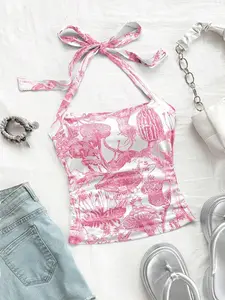 Women's Mushroom Print Ruched Tie Back Crop Top, Casual Sleeveless Chic Halter Neck Top for Summer, Ladies Clothes for Daily Wear