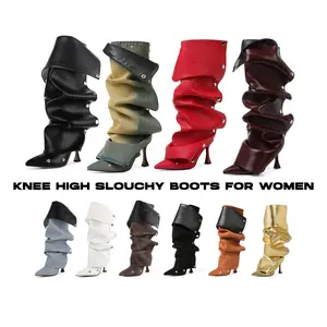 CELNEPHO Slouch Knee High Boots for Women Pointed Toe Stiletto High Heel Zipper Silver Buttons Snap off Detachable Fashion Slouchy Shark Spring Booties for Party Concert Gift Boots