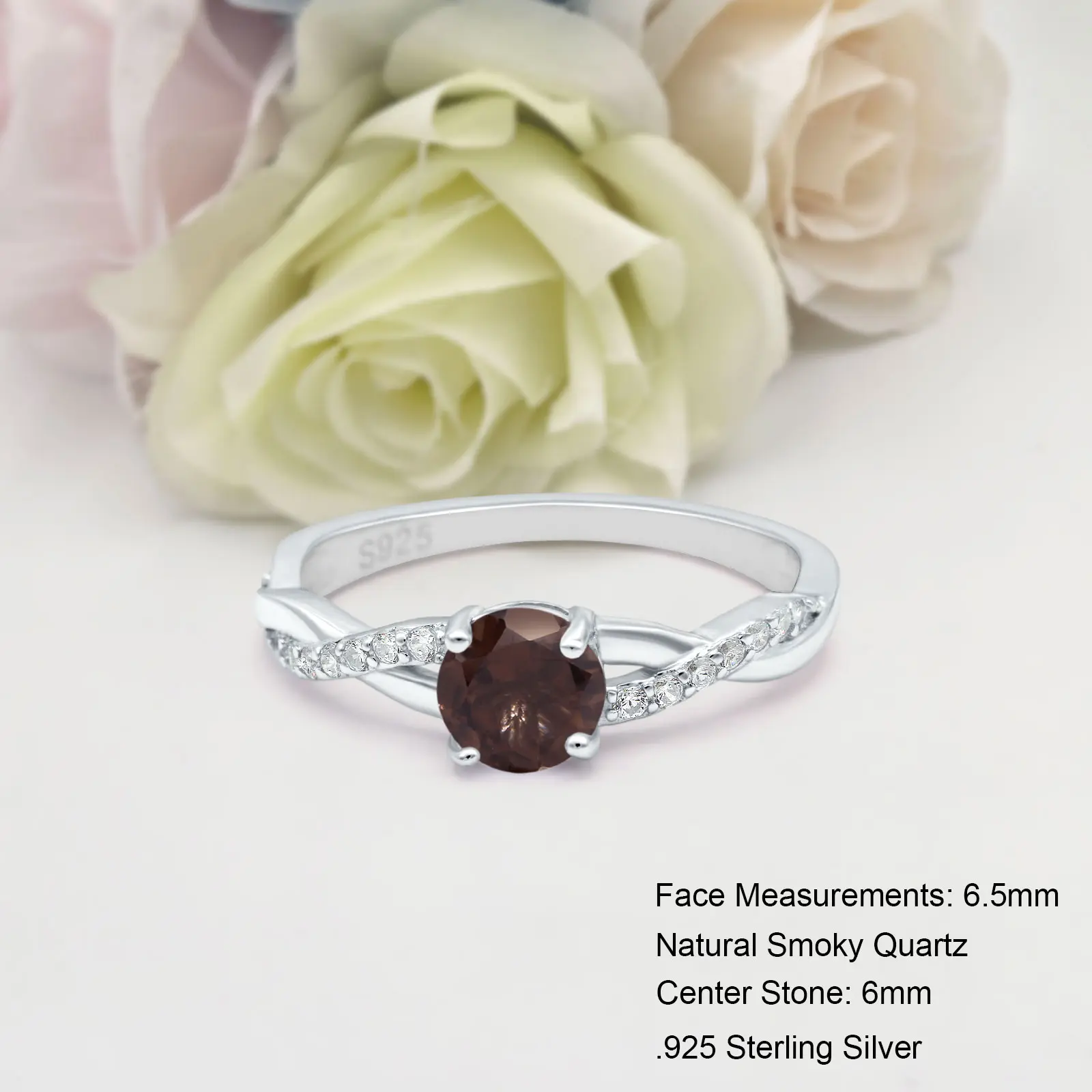 Twisted Split Shank 0.84 Carat Natural Chocolate Smoky Quartz Ring Bridal Band Wedding Round Shape Ring 925 Sterling Silver 6.5mm