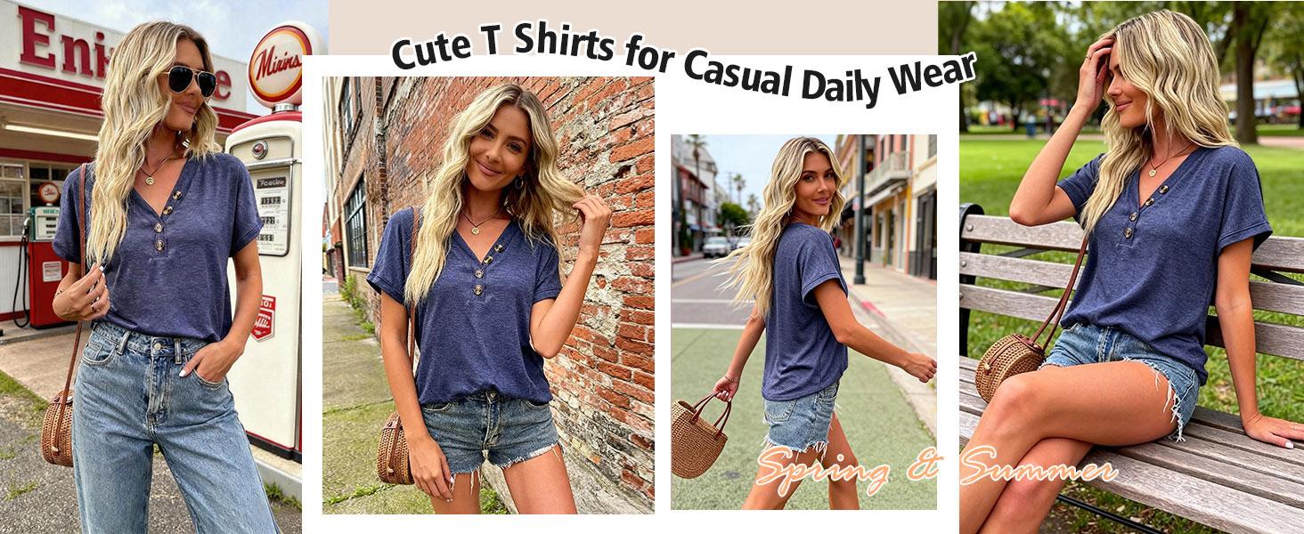 KevaMolly Womens Button V Neck T Shirts Short Sleeve Tshirt Shirts Casual Loose Fit Tops 2026 Summer Beach Outfits Clothes
