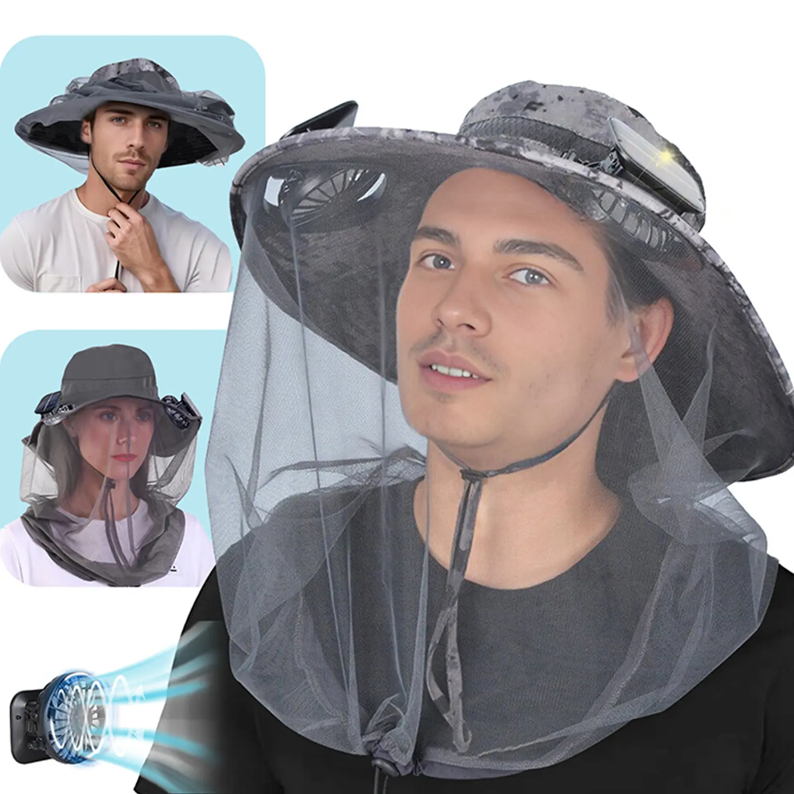 HOMEYA Unisex Solar Fan Bucket Hat, Lightweight Waterproof Nylon with Wide Brim & Mosquito Net, UPF 50+ Adjustable Outdoor Headwear for Hiking & Fishing, Adjustable Outdoor Hat, Lightweight Breathable Headwear, Solar Charging Hat