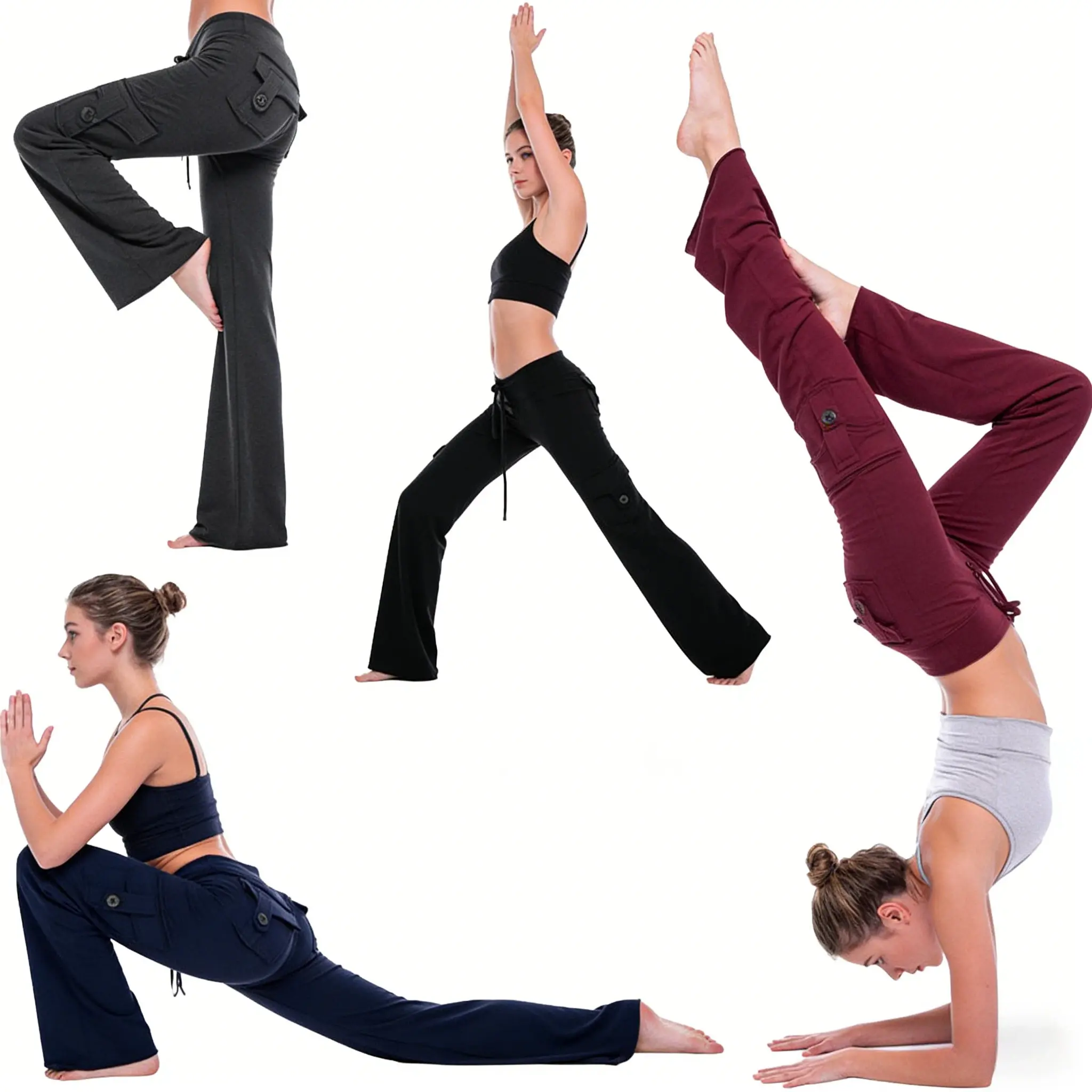 Women's High Waisted Wide Leg Yoga Pants with Cargo Pockets Drawstring Stretch Flare Lounge Workout Trousers