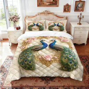 Three-piece bedding set European light luxury double peacock rose print (1 set +2 pillowcases, no core), personalized bedding, suitable for high-end bedrooms of various size to meet different needs