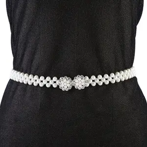 Elastic Pearl Belt with Floral Accents - Versatile Black Dress & Suit Decor for Weddings, Parties, and Casual Events, Faux Pearl Material