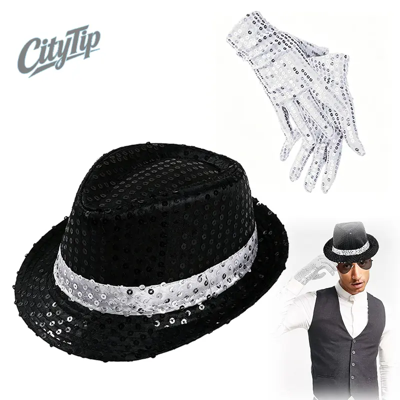 80s 90s Pop Star Costume Set, Sequin Fedora Hat & Sparkly Gloves, Disco Dance Party Outfit Accessories, Michael Style Cosplay, Halloween Costume, Retro Stage Performance, Festival Rave Outfit, Concert Dress Up, Carnival Fancy Dress,