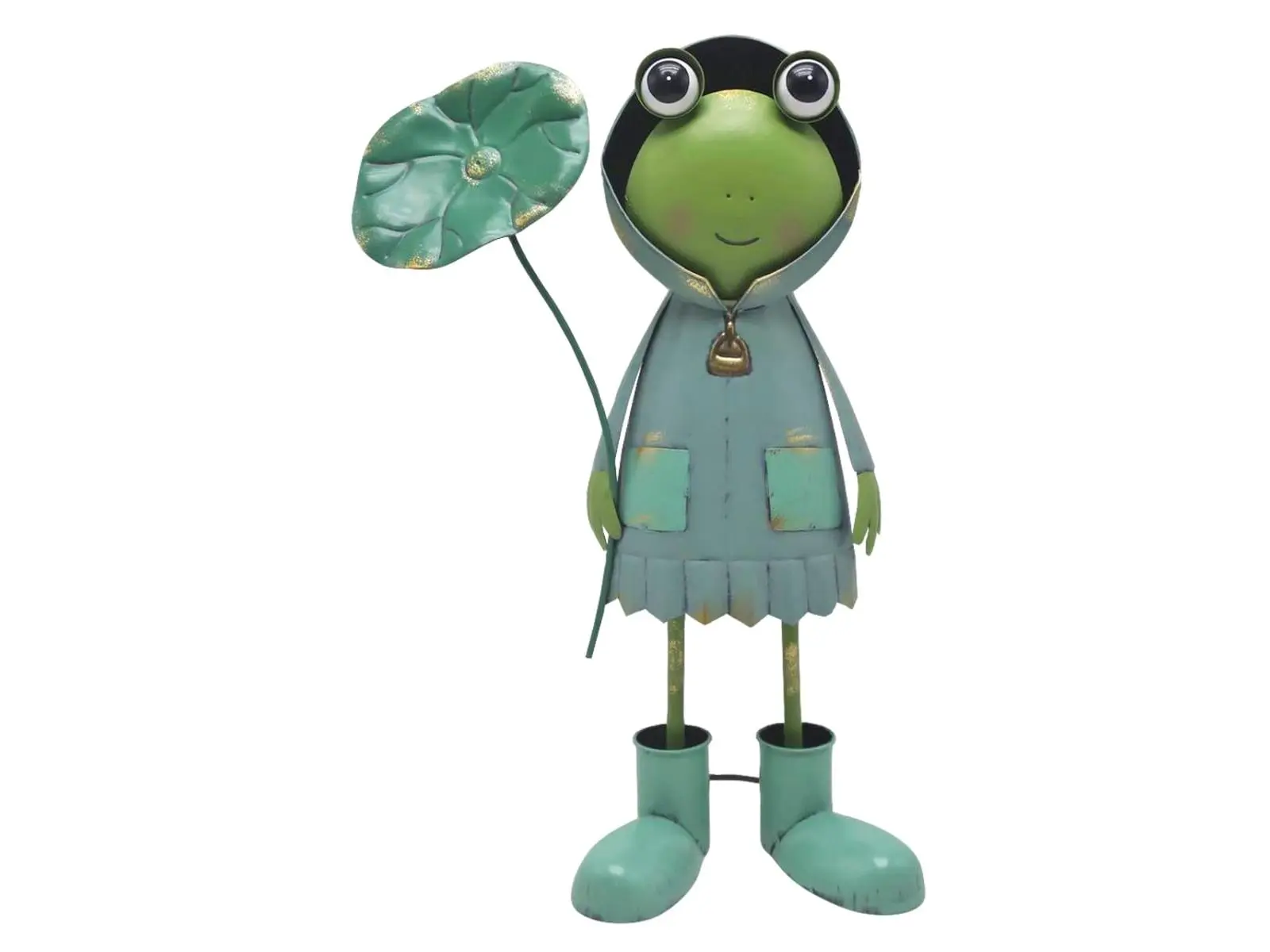 Continental Art Center 24169 Fade-Resistant Metal Green Frog Outdoor Garden Statue & Sculpture, 11x7x18 in, 2 lb, Holding Leaf & Wearing Raincoat, All-Seasons Yard Art Decor