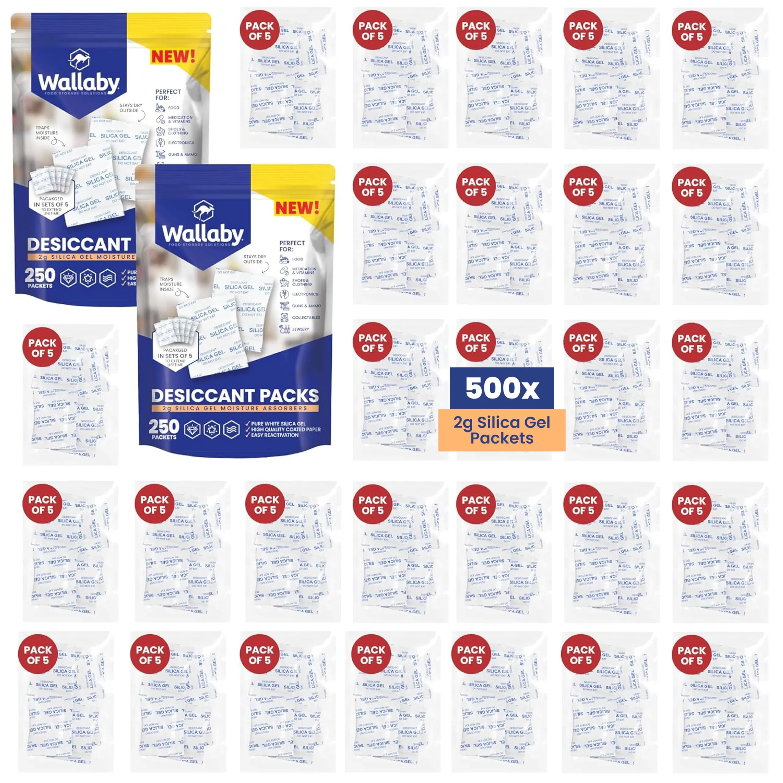 Wallaby 2 gram Silica Gel Desiccant Dehumidifier Packs (500 Count) Food Safe Pure White - Rechargeable Moisture Absorbers