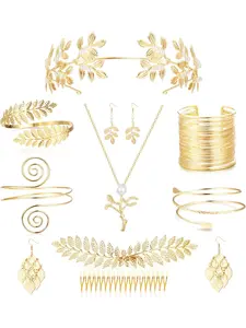 9 Pcs Greek Goddess Costume Accessories Set for Women Golden Laurel Leaf Crown Headband Upper Arm Coil Bracelet Pearl Leaf Dangle Earring Artificial Pearl Earrings Necklace Bridal Wedding