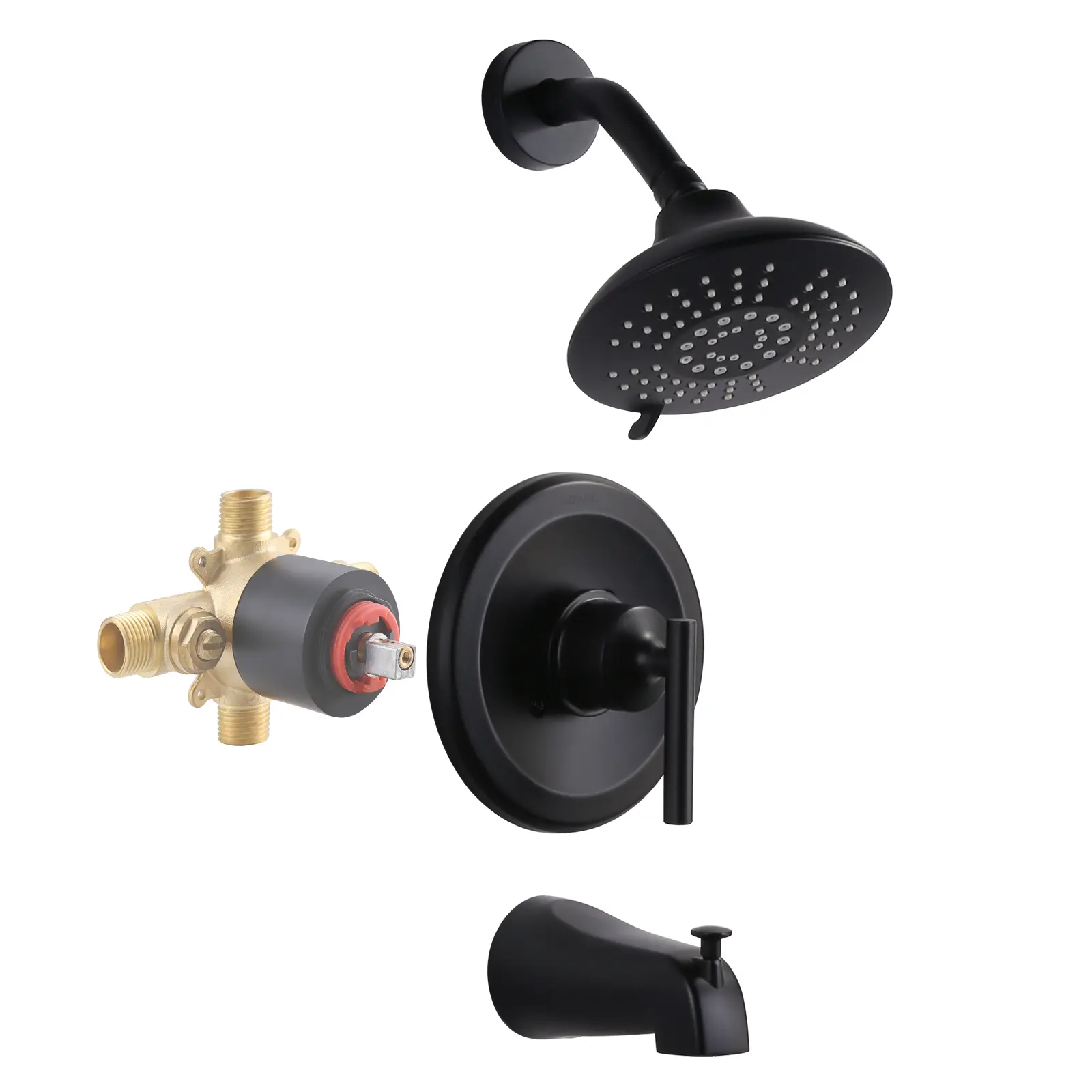 WOWOW Matte Black Brass Home Shower Set - Single-Handle Shower Tap, 5-Spray Round Rain Filtered Shower Head, Tub Spout, Temperature Control, Included Valve, Multi-Function Fixed Fixture, Shower Heads