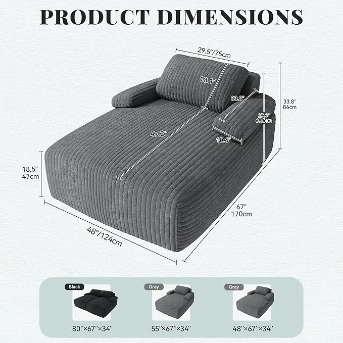 YITAHOME 67"L x 48"W Chaise Lounge Chair Indoor, Oversized Corduroy Upholstered Boneless Sofa Bed, Deep-Seat Sleeper Couch, Reading Chair, Cloud Sofa Couch for Living Room, No Assembly Required, Grey