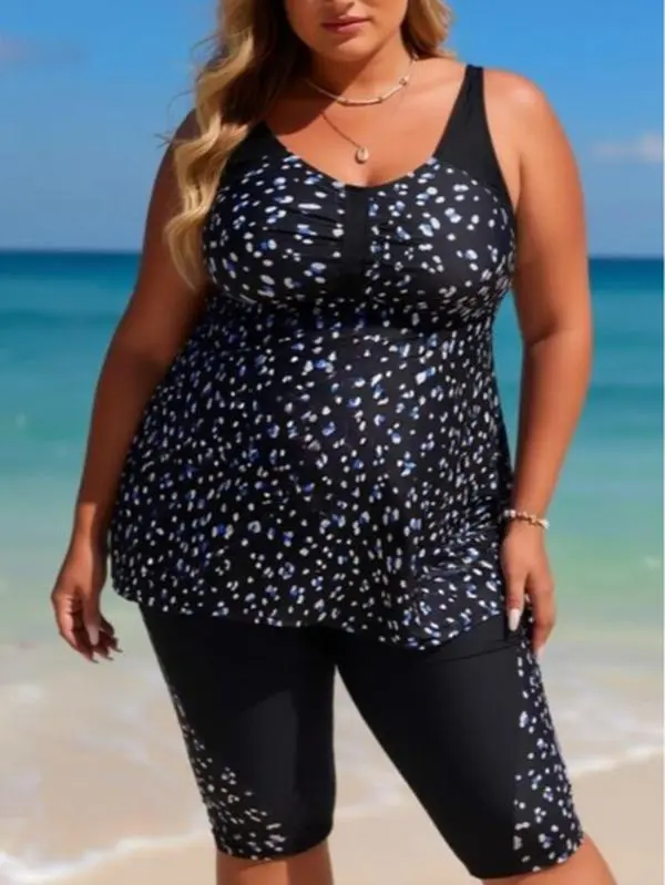 Plus Size Dotted Print Separated Swimsuit Flowy tankini top with ruched bust detail, paired with matching color-block swim capris. Sporty, full-coverage design for water activities Summer Vibes