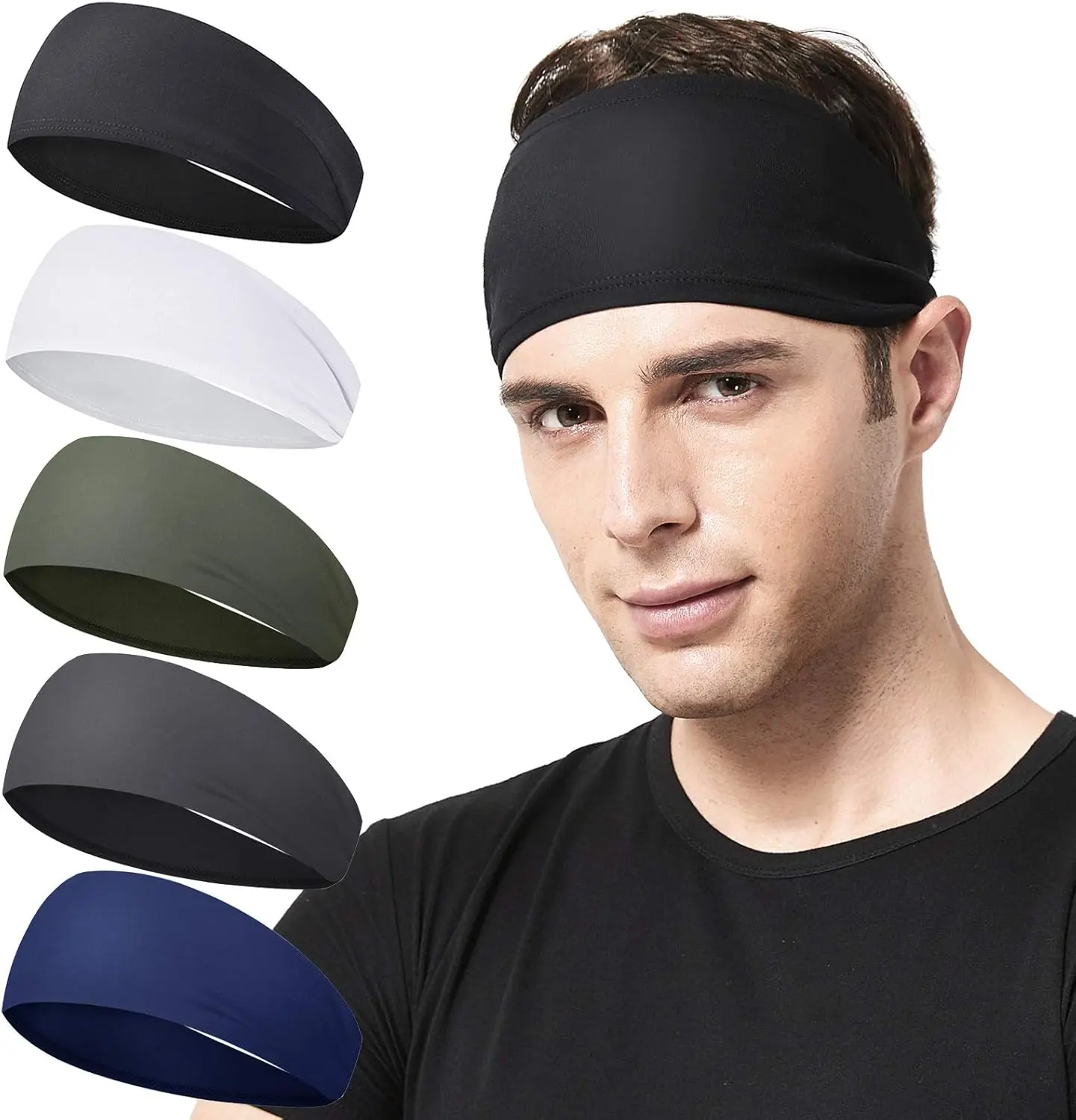 Men's 5-Pack Stretchy Sweat Wicking Sports Headband, Unisex Hairband for Running, Cycling, Fitness Workouts, Sweat Wicking Headband, Stretch Fit