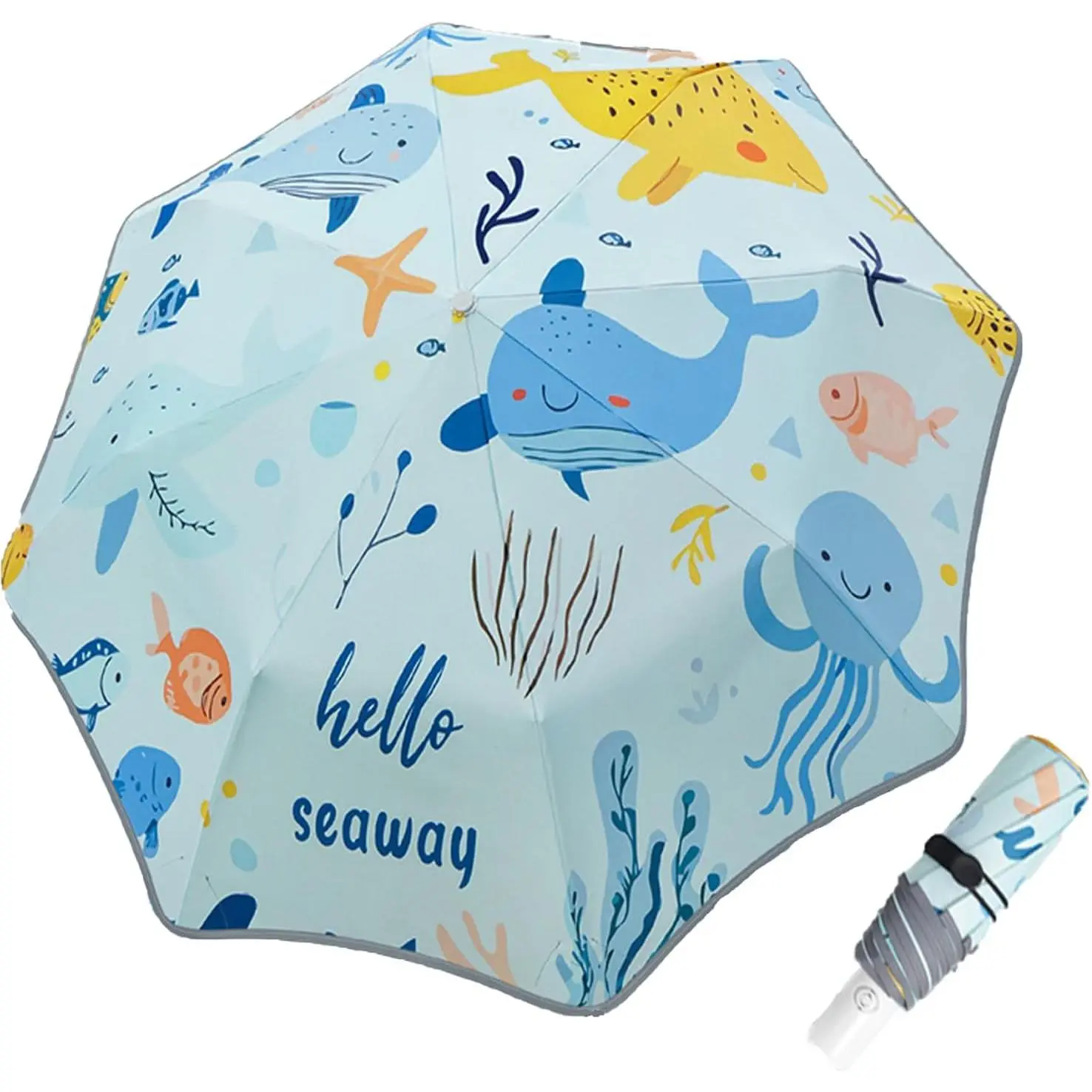 Kids folding umbrella with Rounded Corner - Durable Portable Wind-proof, Anti-UV Compact Umbrella with Reflective strip, Auto Open/Close, Lightweight, Cute Umbrella for girls & boys
