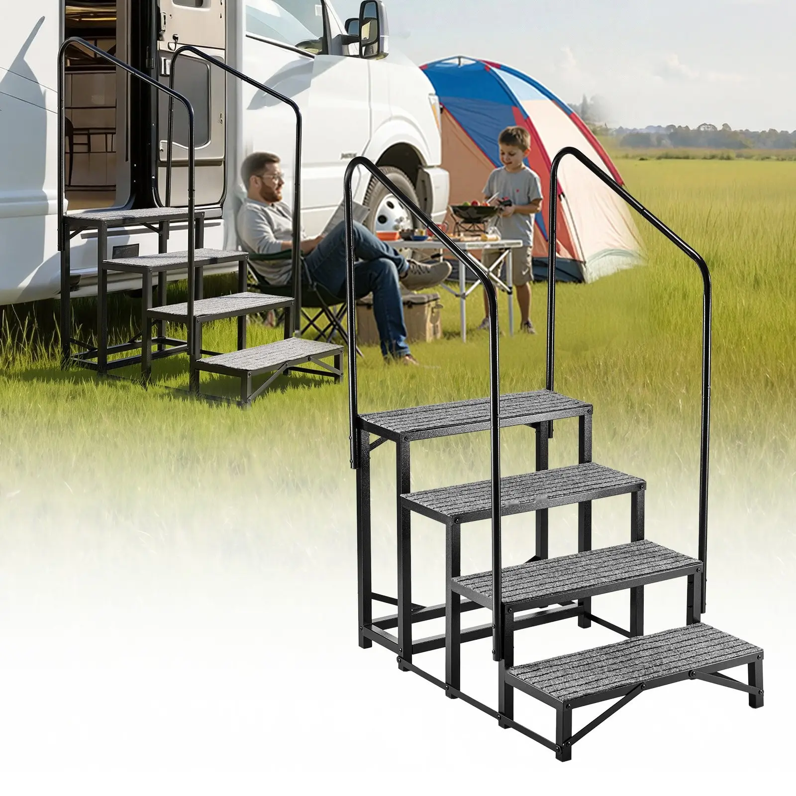 RV Steps With Dual Handrails, Four-Step Outdoor Stairs, 660-Pound Load Capacity, Heavy-Duty Non-Slip Mat, Portable Stairs For Hot Tub, Camper, Mobile Home, Porch, Pool, Spa, Elderly Or Pets