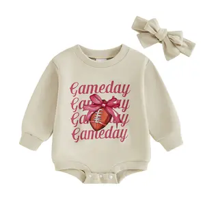 Infant Baby Girl Football Outfits Game Day Print Bubble Oversized Sweatshirt Romper Headband Cute Fall Winter Clothes