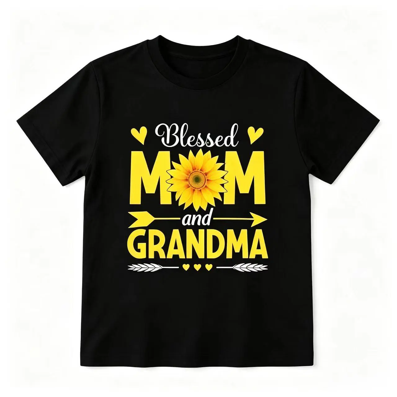 Women's Short-Sleeve Round Neck Black Crew Neck T-Shirt, Blessed Mom & Grandma Sunflower Arrow Heart Graphic, Casual Sports Top for Mother’s Day (No Box Included), Shortsleeve
