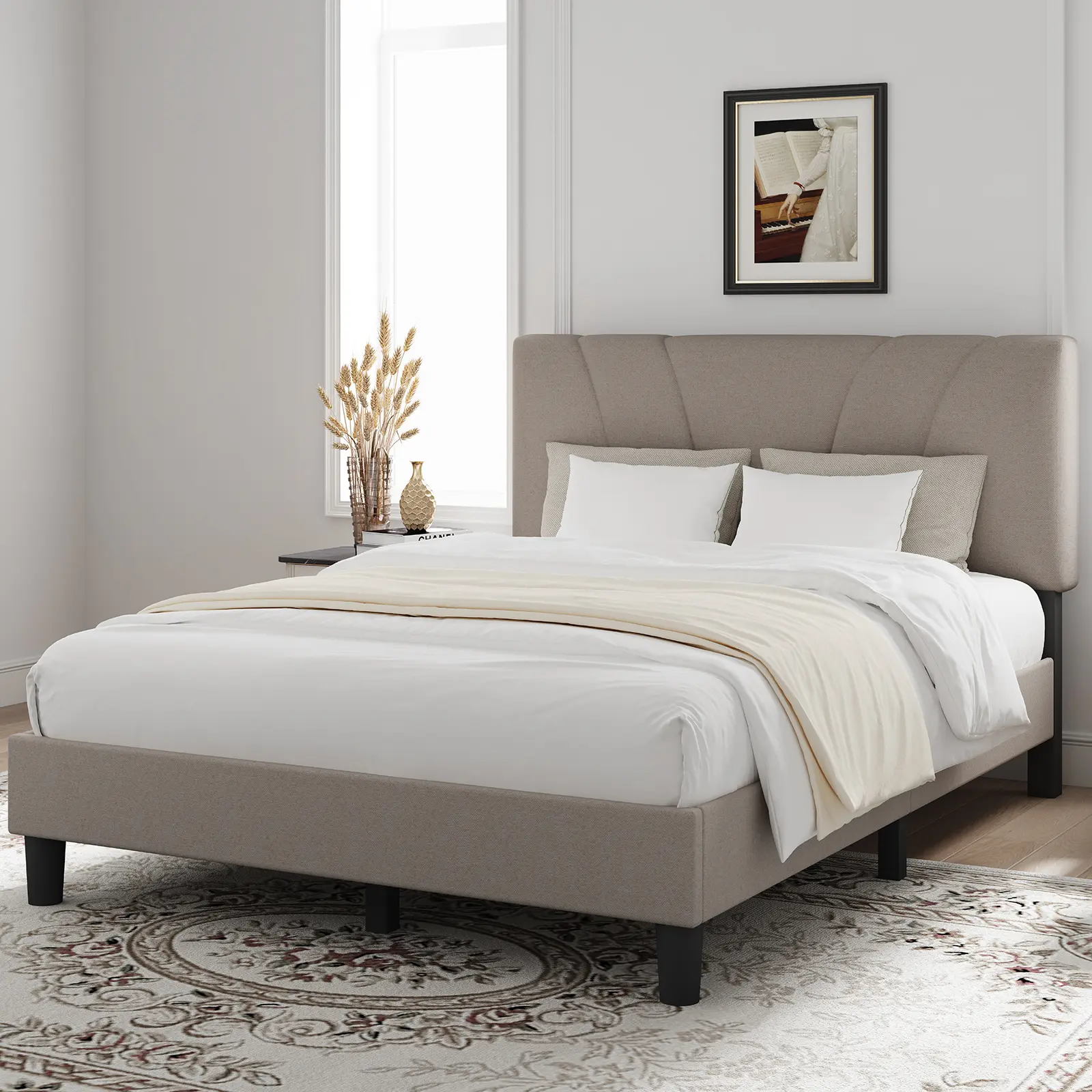 Bed Frame Upholstered Platform Full/Queen/King Bed Frame with Adjustable Headboard, Strong Weight Capacity, No Box Spring Needed, Easy Assembly, tiktokshopmemorialday