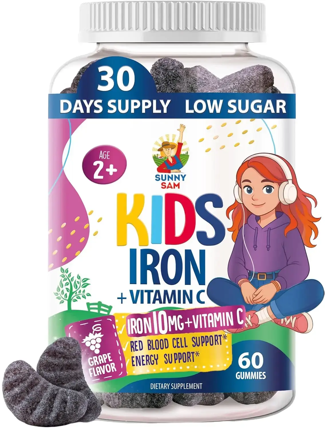 SUNNY SAM Iron Gummies for Kids & Teens - 10mg Iron Vitamins with Vitamin C - Low-Sugar Chewable Gummy Supplement for Immune Support, Supports Red Blood Cell Production for Children & Teen Girls