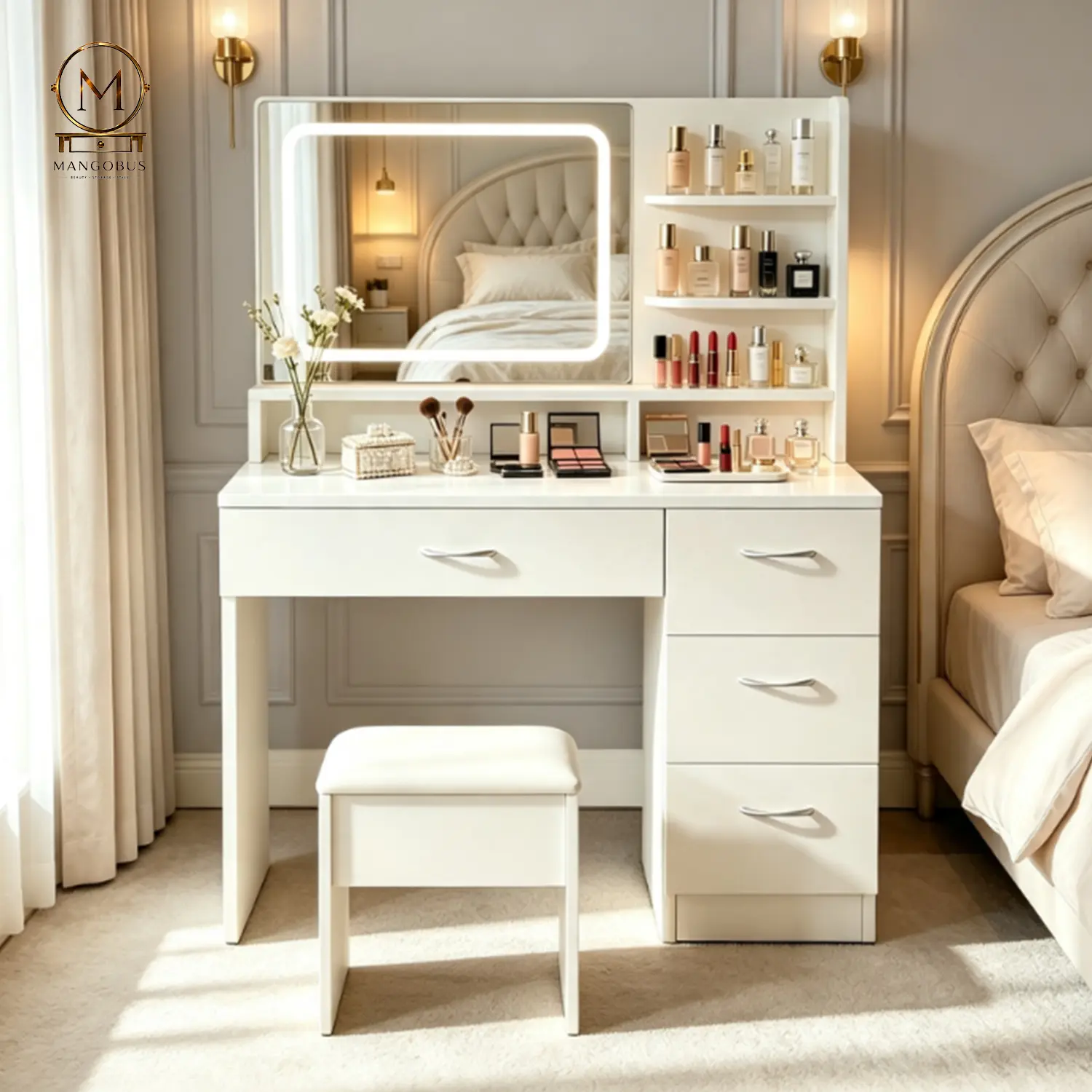 White Backlit Dressing Table Set - Contemporary Compact Indoor Furniture Vanity with LED Lights, Drawers, 3 Shelves, Stool, Large Capacity Storage, for Makeup Organization, Girl Room, Bathroom Decor