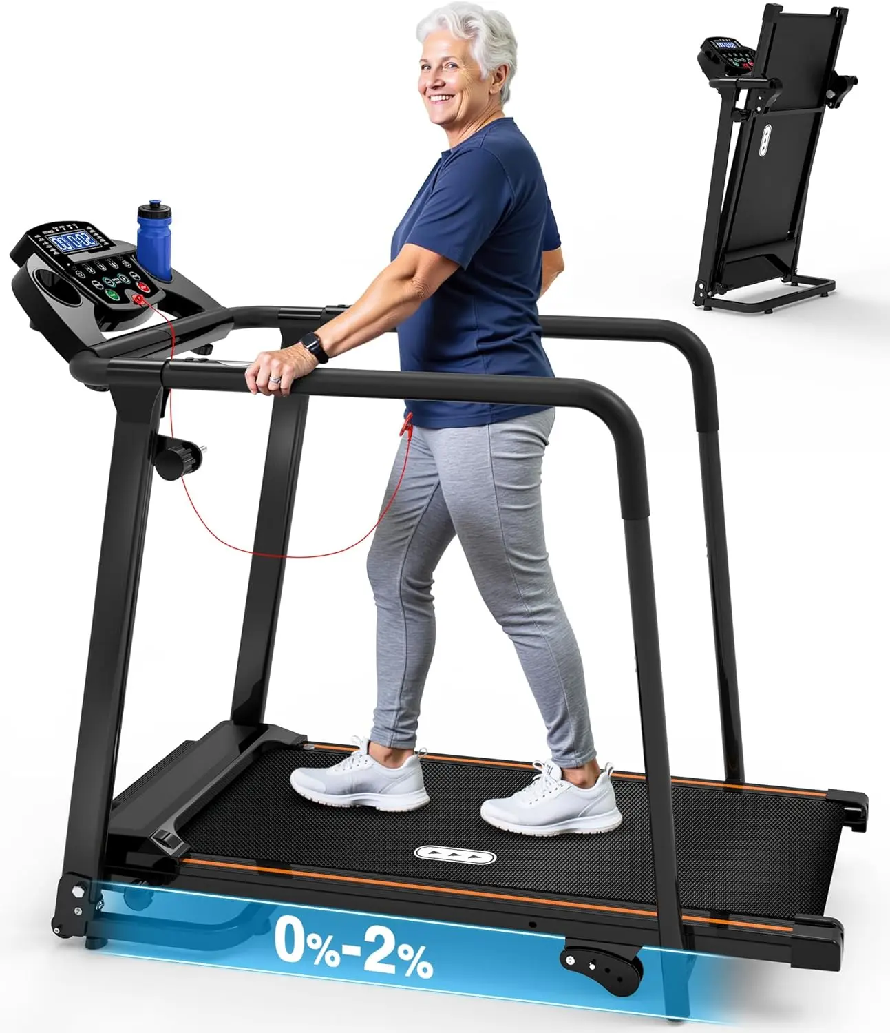 Redliro Folding Walking Treadmill with Long Handrail Support - 300 lbs Capacity for Seniors, Compact Home Fitness Equipment, Foldable Lightweight with Wheels, Cup & Phone Holder for Recovery Walks, Folding Walking Treadmills