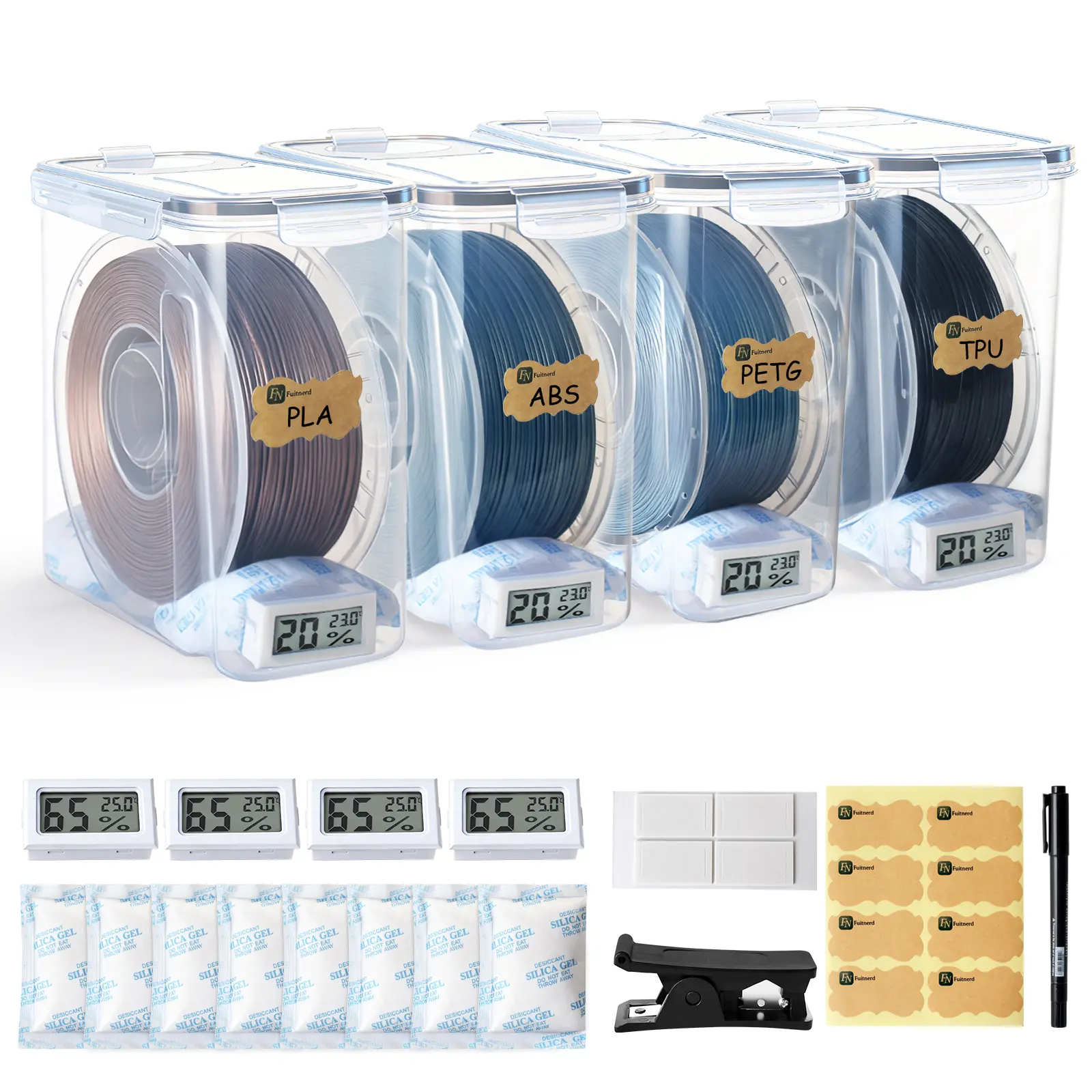 3D Printer Filament Storage Box, 4/6-Pack (No-Outlet Storage) & Single Pack (Dual-Outlet Print-While-Storing)，Includes Hygrometer, Reusable Desiccant, and Tube Cutter, Airtight Dry Box for Sealing and Protection, Waterproof & Dustproof