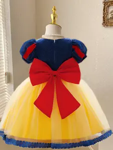 Girl's Colorblock Big Bow Decor Contrast Lace Mesh Fit and Flare Party Dress, Cute Puff Sleeve Zipper Back Tulle Dress for Party, Kids Clothes for All Seasons, Spring Summer Dress