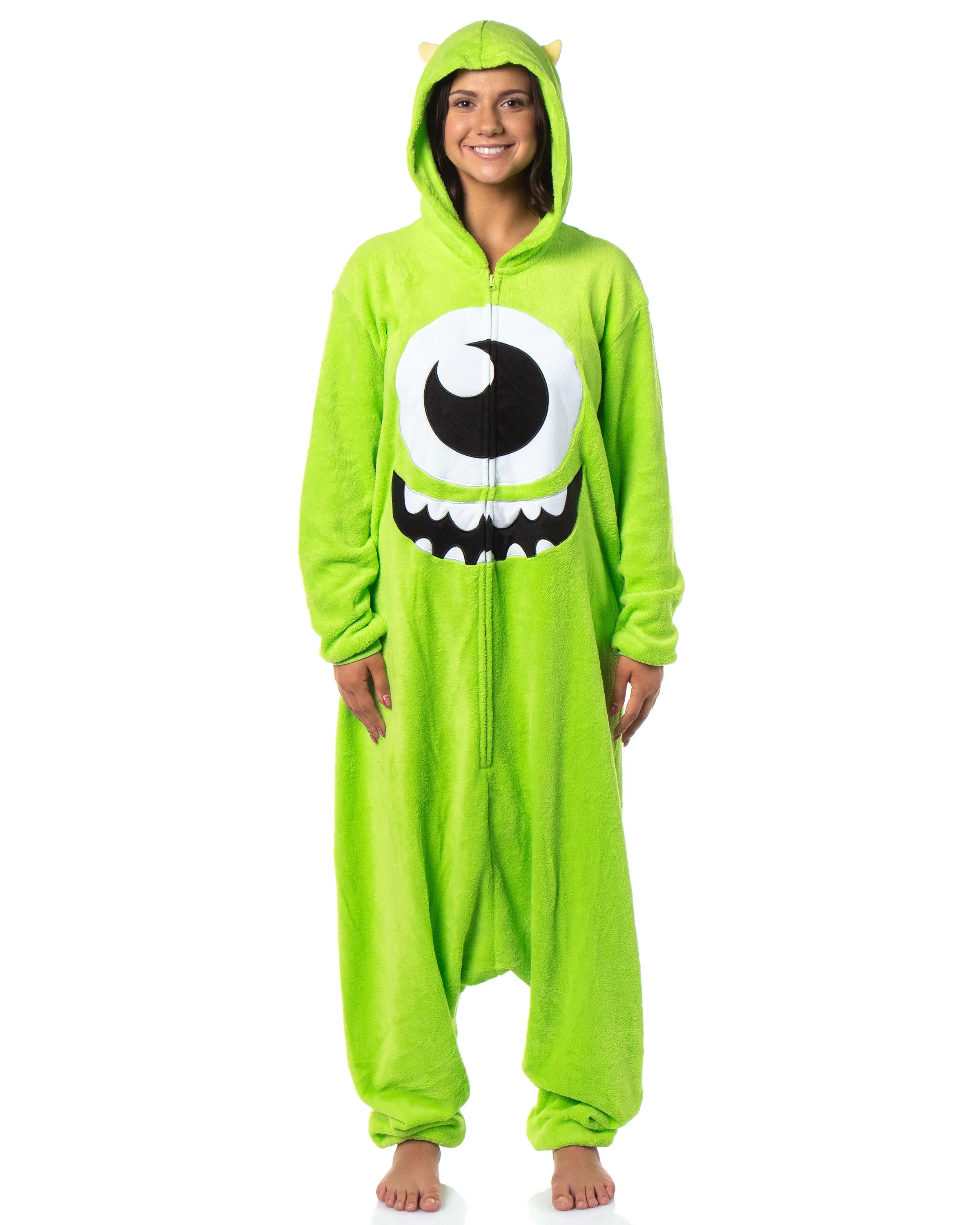 Mike Wazowski Union Suit Disney Monsters Inc Hooded Kigurumi Adult Fleece Costume One Piece Pajama for Men and Women