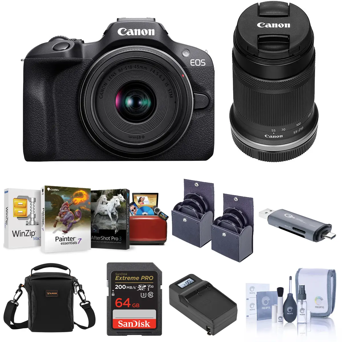 Canon EOS R100 Mirrorless Camera with RF-S 18-45mm f/4.5-6.3 & RF-S 55-210mm f/5-7.1 Lens, Bundle with Memory Card, Smart Charger Base, Software Kit & Filter Kit