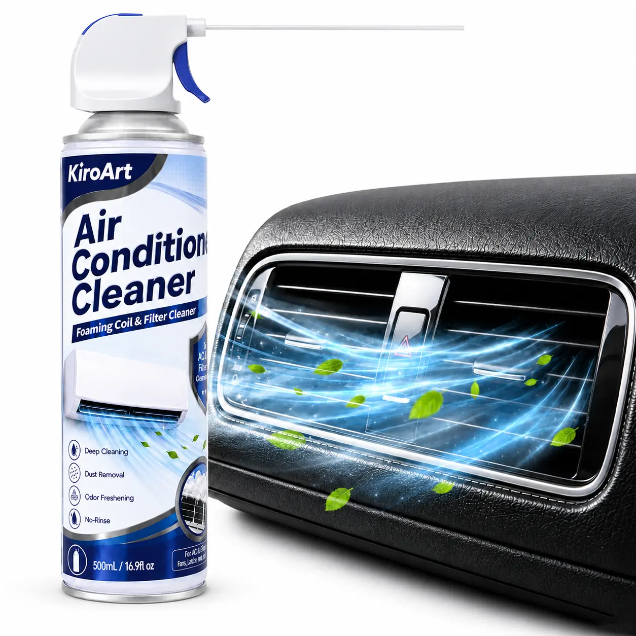 Car AC Vent & Evaporator Foam Cleaner 16.9oz, Odor Removal AC Coil Cleaning Spray with 10cm Extension Tube, Gentle Deep Foaming Formula for Car Air Conditioner Vents, HVAC Maintenance