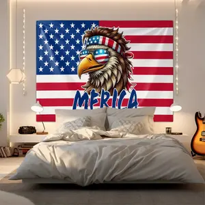 American Eagle Flag Print Decorative Tapestry, Red White Blue Star Stripes Background & Trendy White-headed Eagle, Lightweight Breathable Easy Wash, Vintage Motorcycle Shop, Patriotic Event Decoration Props, Bedroom