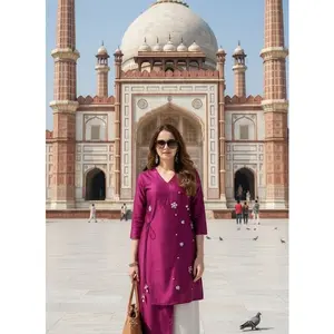 Magenta Asymmetric Embroidered Kurta Set with White Palazzo | V‑Neck, 3/4 Sleeve, Festive/Ethnic Wear #KAI 1002