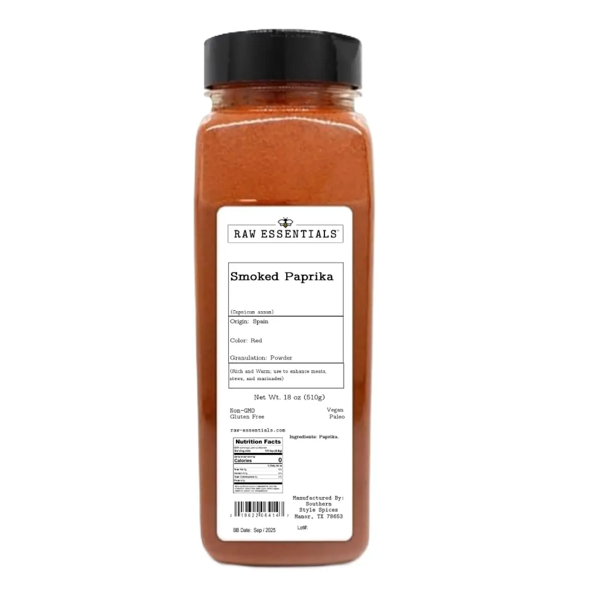 Raw Essentials Smoked Paprika - Rich and Warm - Use to Enhance Meats, Stews and Marinades - Large 18 Ounce Bottle - Non GMO, Gluten Free, Vegan and Paleo