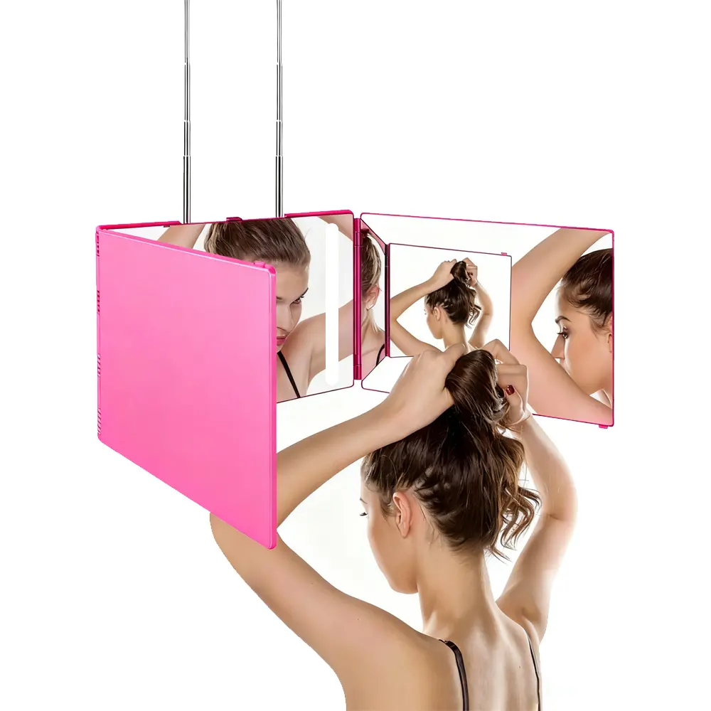 7.6"l x 12"w Height-Adjustable 3-Way Trifold LED Glass Mirror with 360-Degree Trifold Design, LED Display, Rechargeable Function, Telescoping Hooks, ABS-Aluminium-Stainless Steel Build for Barbers (See Back of Head)