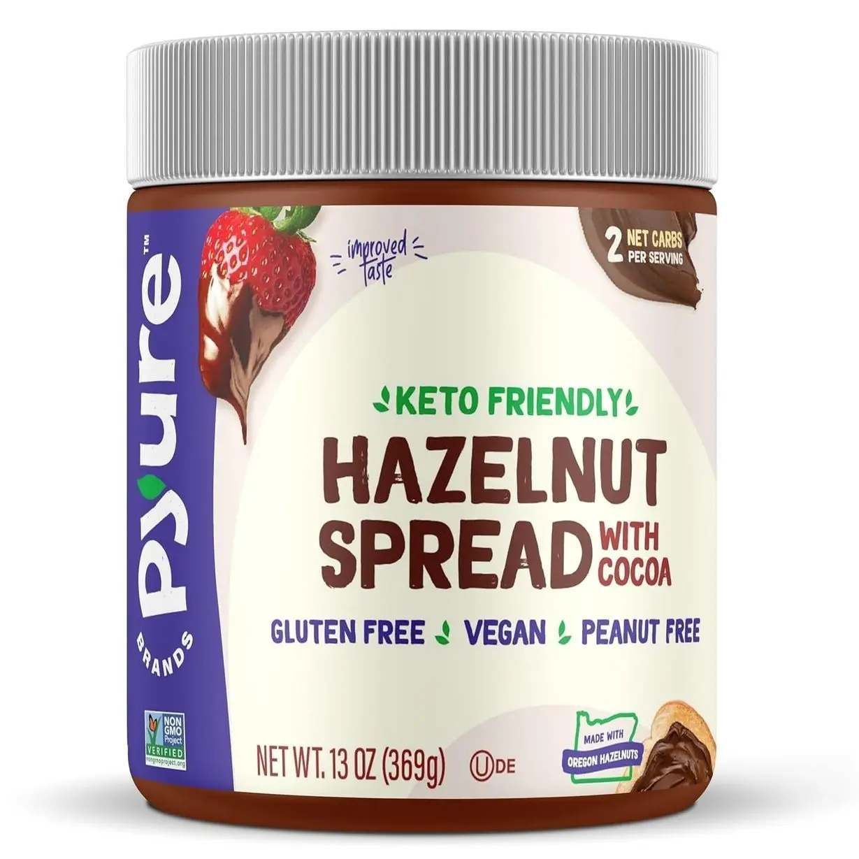 Pyure Keto Hazelnut Chocolate Spread | Sugar-Free, Low Carb, Vegan Nutella Alternative | 2g Net Carbs, Gluten-Free, Peanut-Free, Plant-Based, Non-GMO, Keto Snack, Vegan Sweets | 13 oz Jar