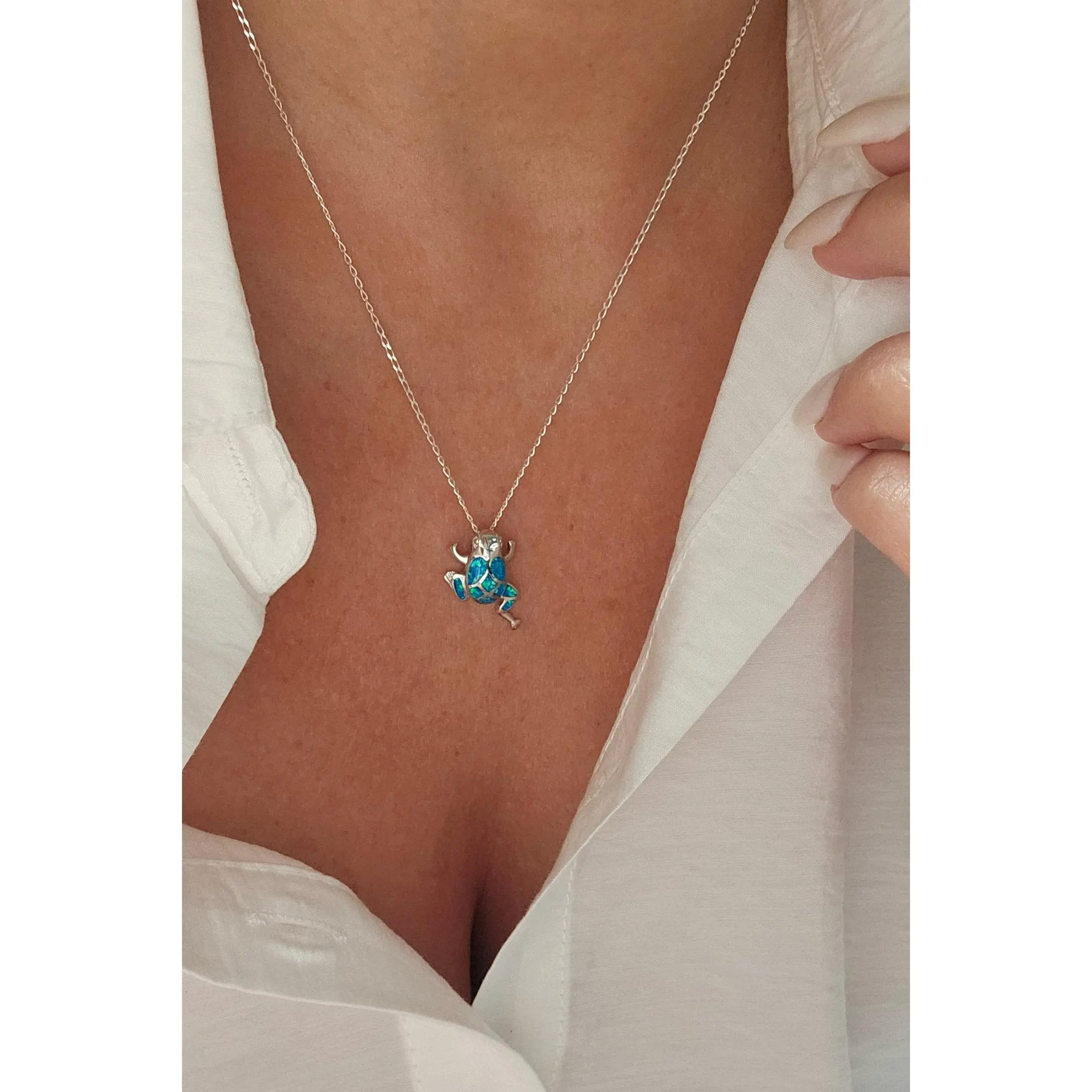 Sterling Silver Blue Opal Frog Pendant Necklace