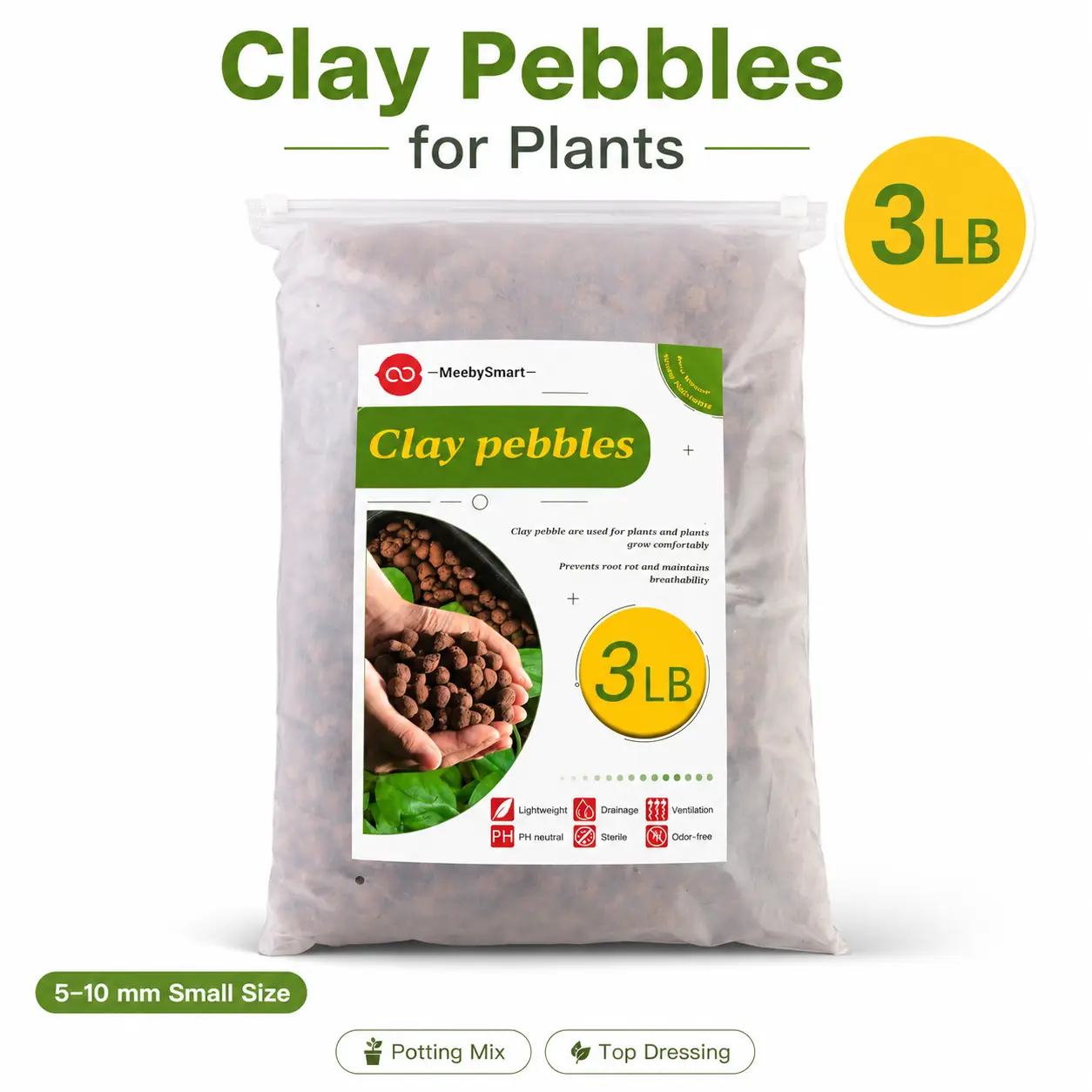 3 lb Small Clay Pebbles (5-10mm) - Lightweight & Easy to Spread Garden Pebbles for Indoor Plants, Potting Mix Drainage Boost, Soil Airflow Improver, Moisture Control, Top Dressing, Clean Look, Keeps Plant Pots Neat
