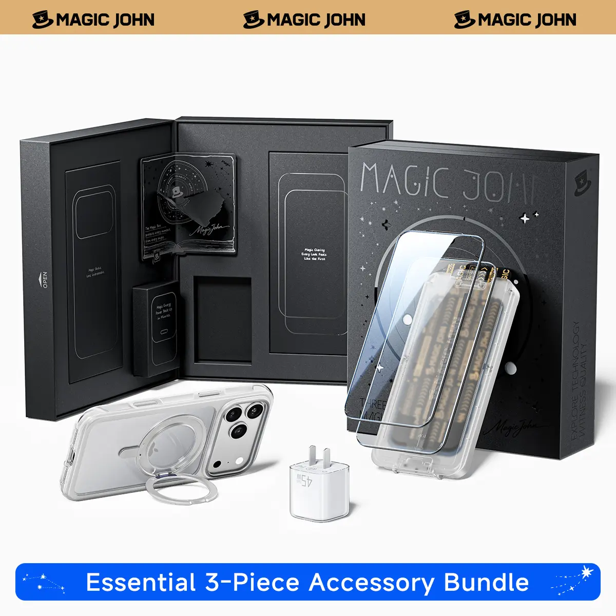 MAGIC JOHN 3-in-1 Accessory Bundle for iPhone 18 Pro / 18 Pro Max, AR HD Clear or AR Privacy Tempered Glass Screen Protector, MagSafe-Compatible Air-Cushion Protective Case & 45W Fast Charger