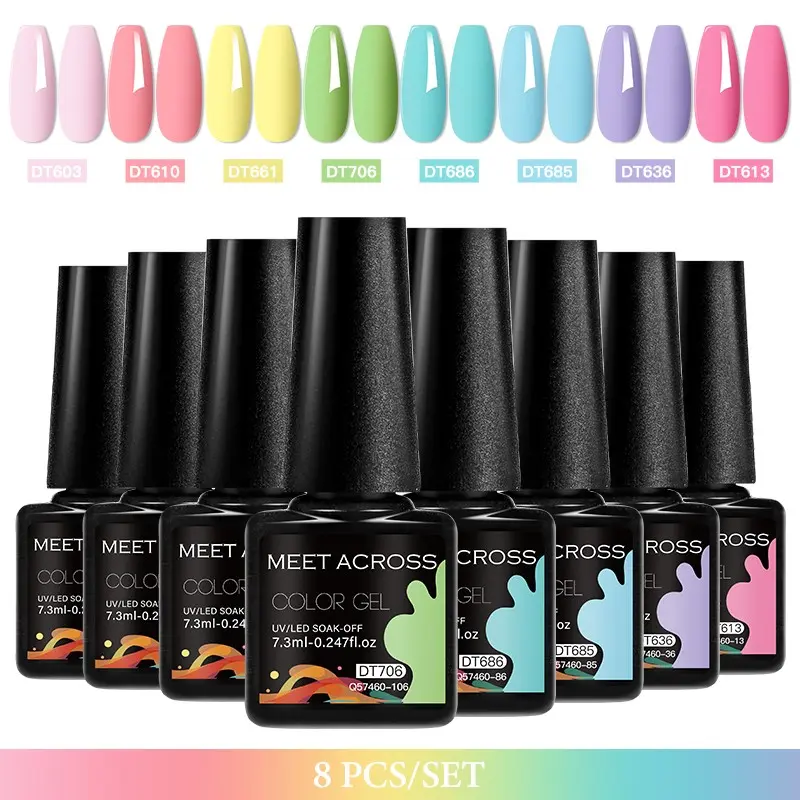 Meet Across 8 Colors Gel Nail Polish Kit, Nude Jelly Glitter Shimmer, Soak-Off Gel Cured Under UV/LED Lamp, DIY Salon Manicure Set, Gift for Women and Girls