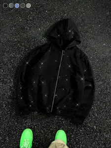 Men's Gypsy star design shiny zipper hooded sweater, soft and skin-friendly fabric, pocket design, street trendy cool style, daily going out on the street, casual commuting adaptation, personalized trend couples versatile wear
