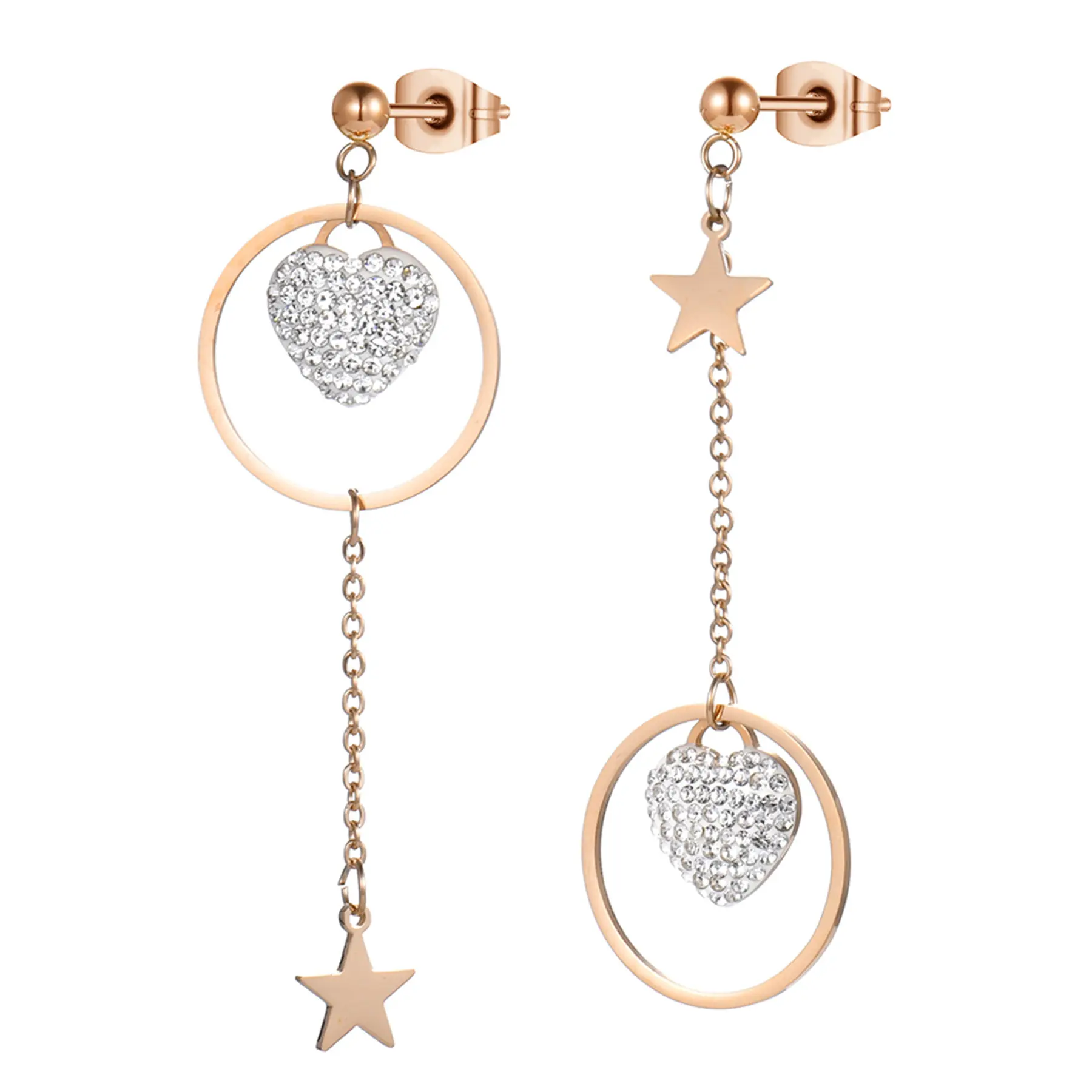 OIDEA Women's Asymmetric Statement Earrings, Steel Heart Stars Chunky Jewelry, 2.36" Long Drops with Bold Accents for Female Wear, Celestial Aesthetic, Party Night, Playful Sway, 0.78 Inch, Heart Shaped Earrings, Celestial Moon Earrings