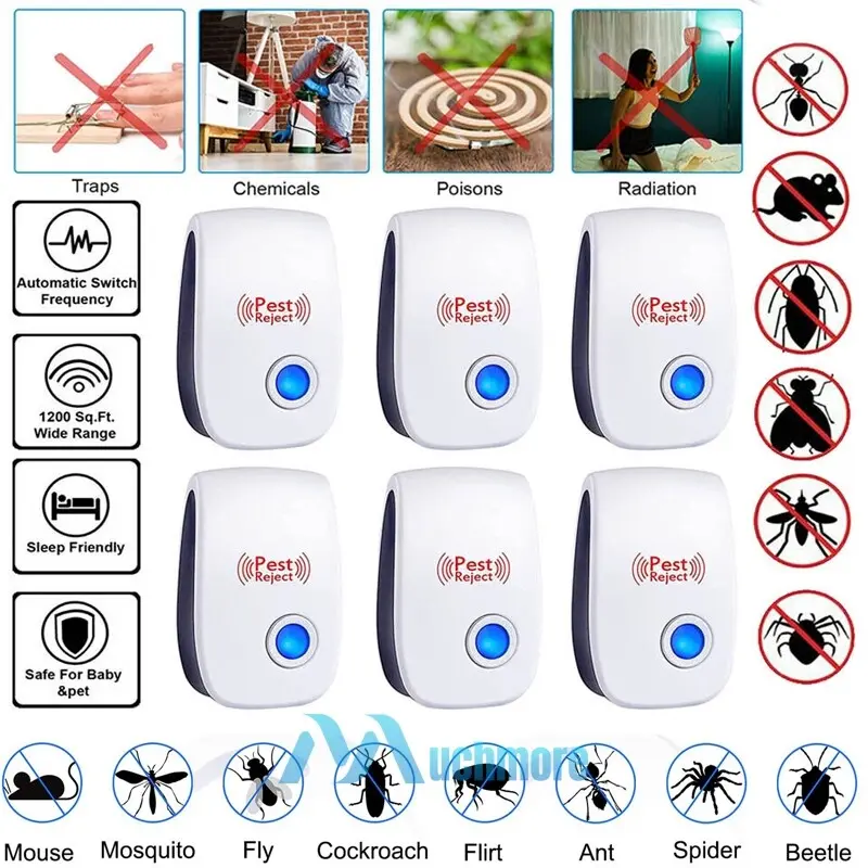 6 Pack Ultrasonic Pest Control Repeller for Insects Cockroaches Spiders Ants Mosquitoes Mice for House Kitchen Garage Warehouse Yard