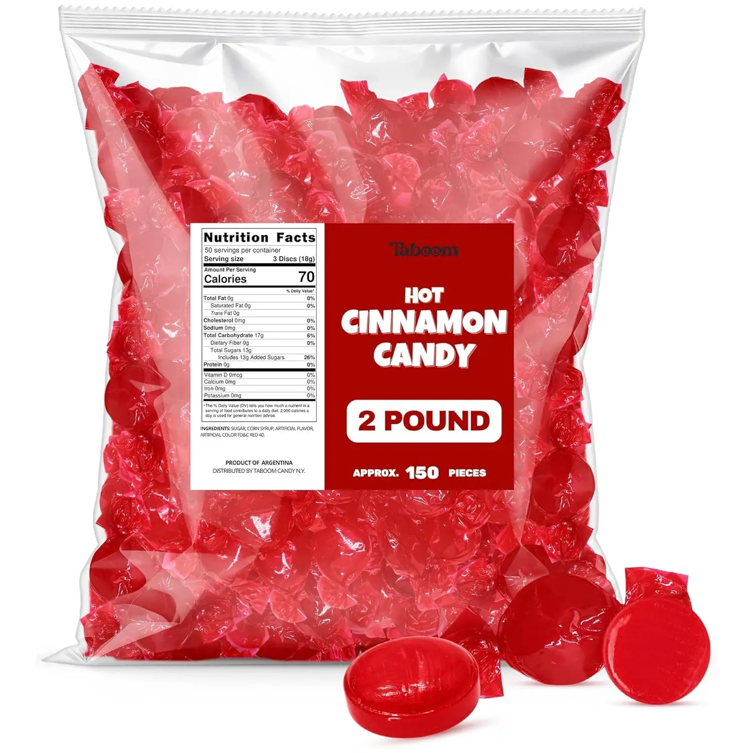 Cinnamon Hard Candy Discs 2 lbs Bulk Pack Christmas Candies - Approx. 150 Individually Wrapped Spicy Cinnamon Flavored Hard Candies for Parties, Offices & Treats - Taboom