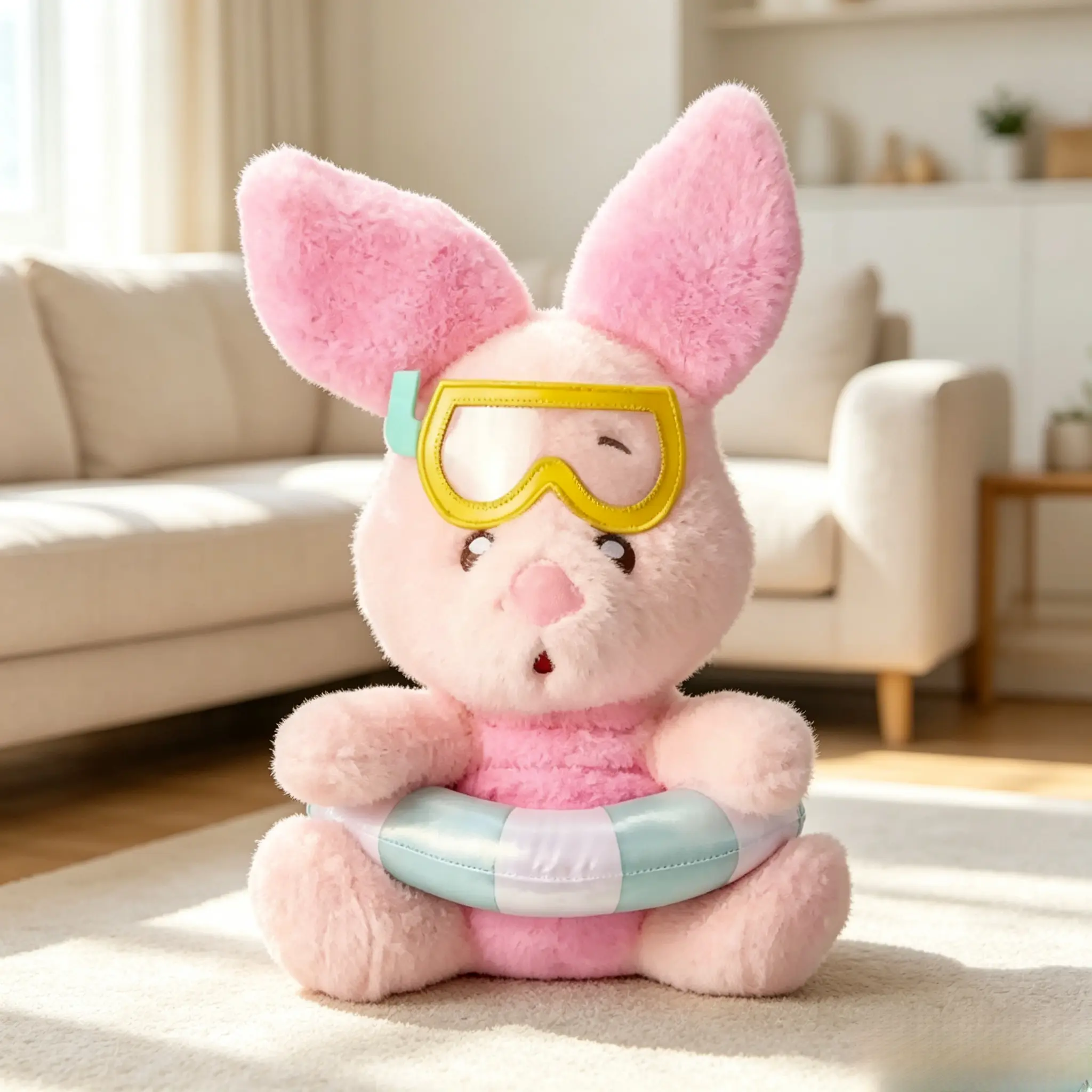 Disney Winnie the Pooh Summer Collection 12.4" Sitting Piglet Plush Toy - 100% Non-Toxic Unisex Collectible Doll with Swim Gear (Swim Ring, Snorkel Goggles), Bedside Room Decor, Premium Gift (1pc)