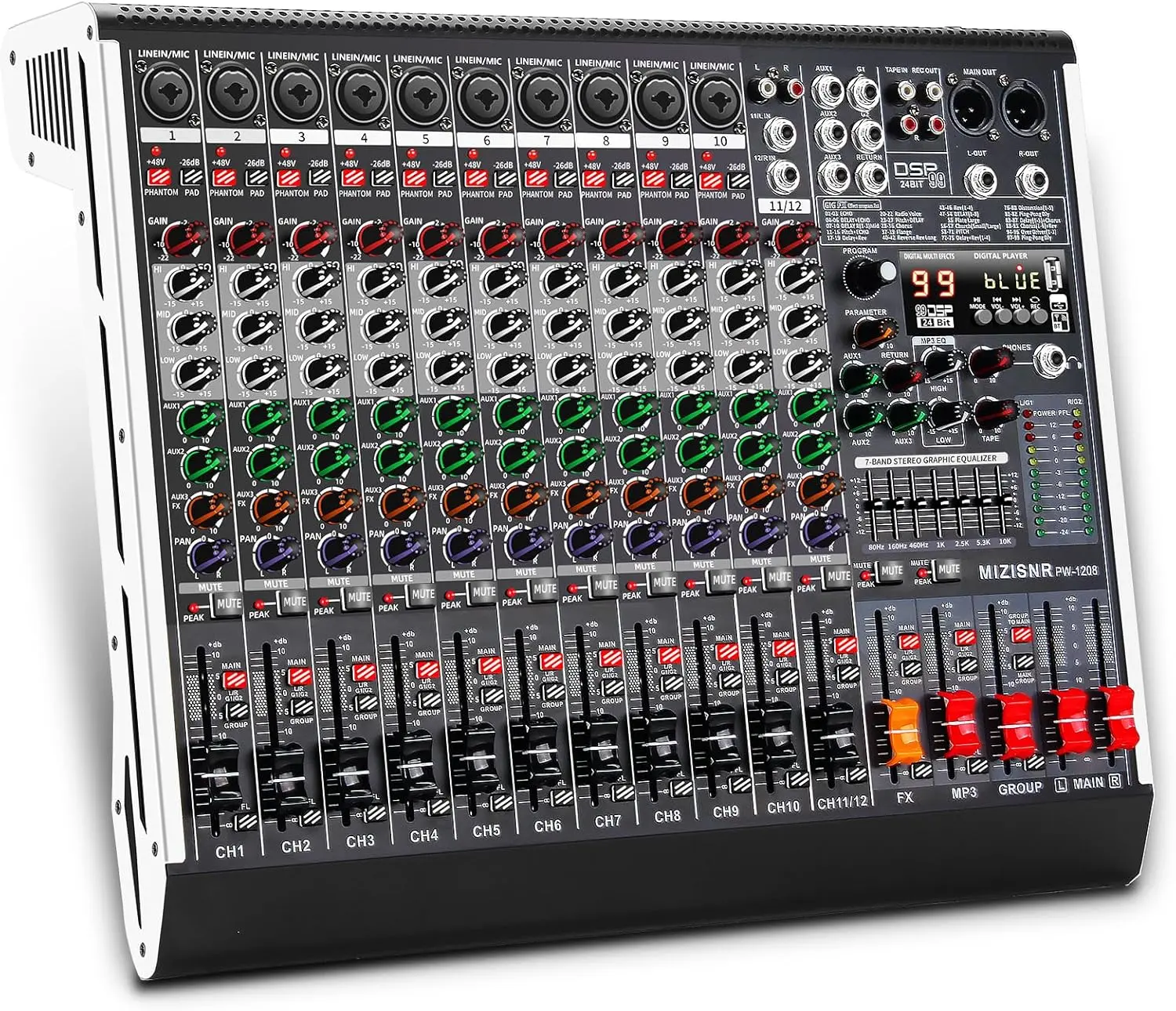 12-Channel Professional Audio Interface Mixer Board - Stereo Audio Interface with 99 DSP Effects, 7-Band EQ for Main Output, USB, Bluetooth, MP3, +48V Phantom Power Button, Mute Buttons, Hybrid Jack Inputs for Studio Setup, Recording, Singing