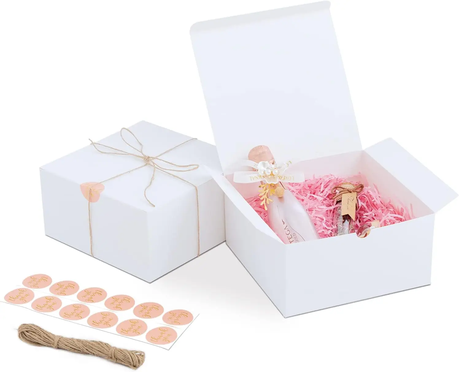 Eco-Friendly White Gift Boxes with Lids, 12 Pack 8x8x4 Inches, 80ft Twine, Stickers & Tape - Easy Assemble for Bridesmaid Proposal, Valentine's Day, Anniversaries