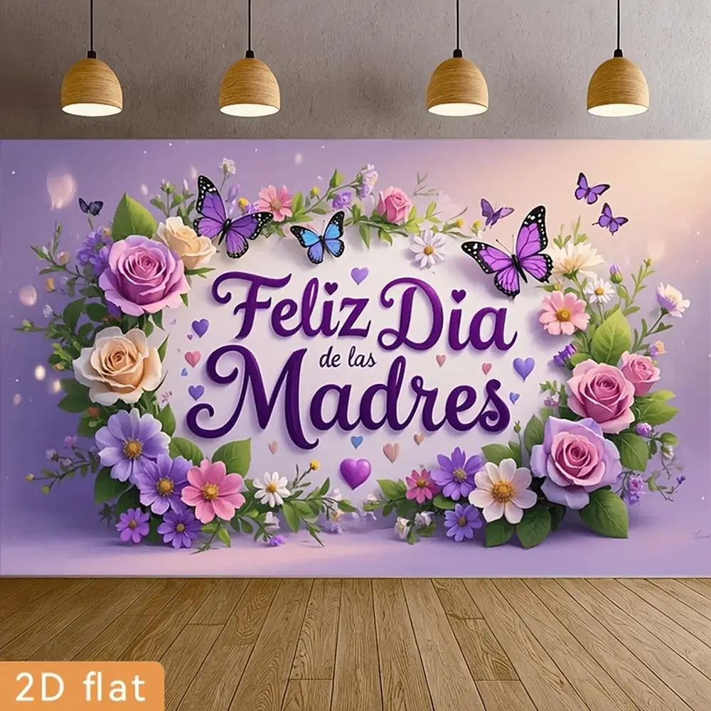 1PC Reusable 2D Flat Polyester Backdrop Banner, Spanish Purple Flower & Butterfly Print with "Feliz Dia de las Madres", Indoor/Outdoor Photo Booth Decor for Mother’s Day Gift Ideas, Gift for Mom, Mother Day Gift Ideas