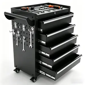 5-Drawer Rolling Tool Cabinet on Wheels Secure Key Lock Smooth Mobility Casters with Brakes Side Pegboard Organization for Garage and Workshop Durable Powder-Coated Black Finish Must-Have Toolbox Cart for Organization and Efficiency(Assembly Required) fat