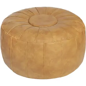 Unstuffed Moroccan Storage Pouf Foot Stool Ottoman Seat Handmade Faux Leather Bean Bag Floor Chair Foot Rest for Living Room, Bedroom or Balcony (Yellow)