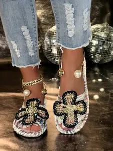 Boho Beaded Flower Sandals Women, Ethnic Pearl Strap Flat Roman Shoes, Vintage Floral Woven Beach Slippers, Soft Anti-Slip Lightweight