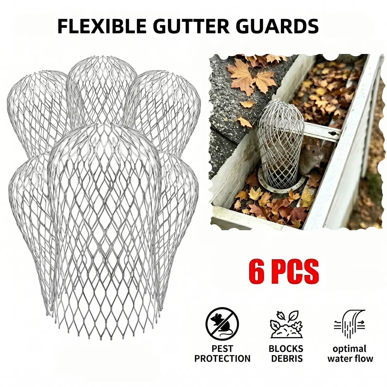 Summerwins Residential Rustproof Alum Gutter Guard System - Flexible Expandable Downspout Strainer, Easy Installation Push-Install Anti-Clog Leaf Filter for Home Drainage, Blocks Foreign Objects